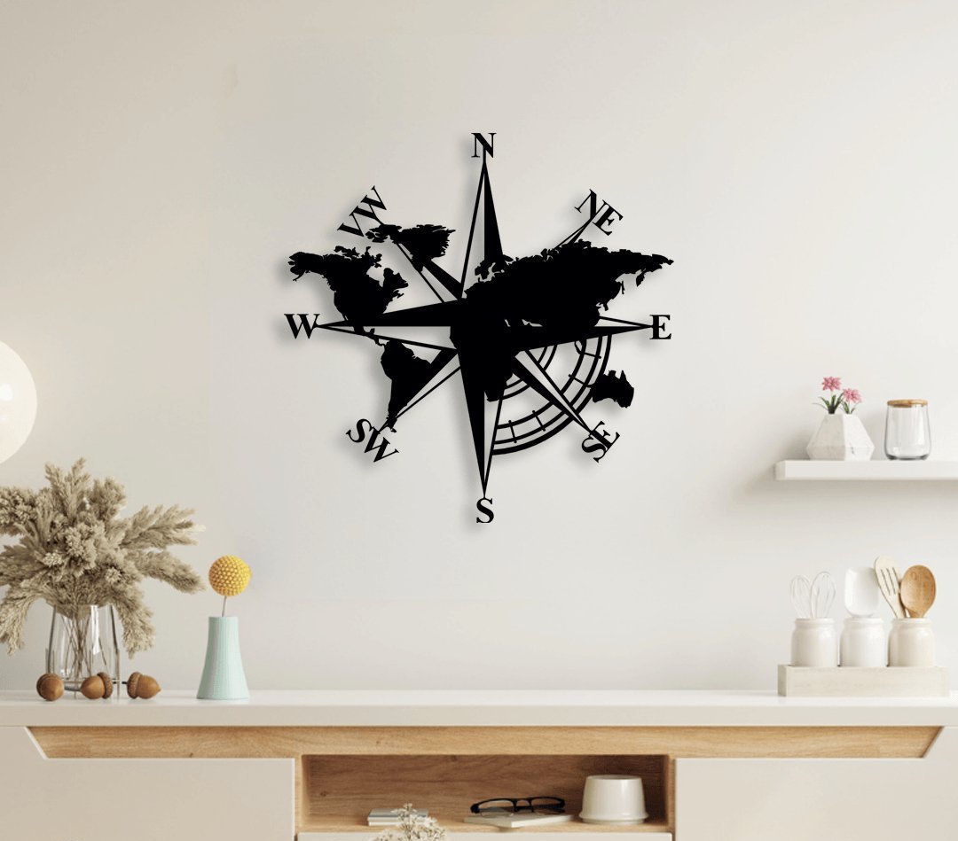 NR Dizayn | Compass with World Map Decorative Metal Wall Art - TryAladdin