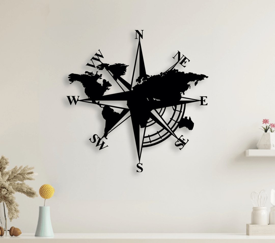 NR Dizayn | Compass with World Map Decorative Metal Wall Art - TryAladdin