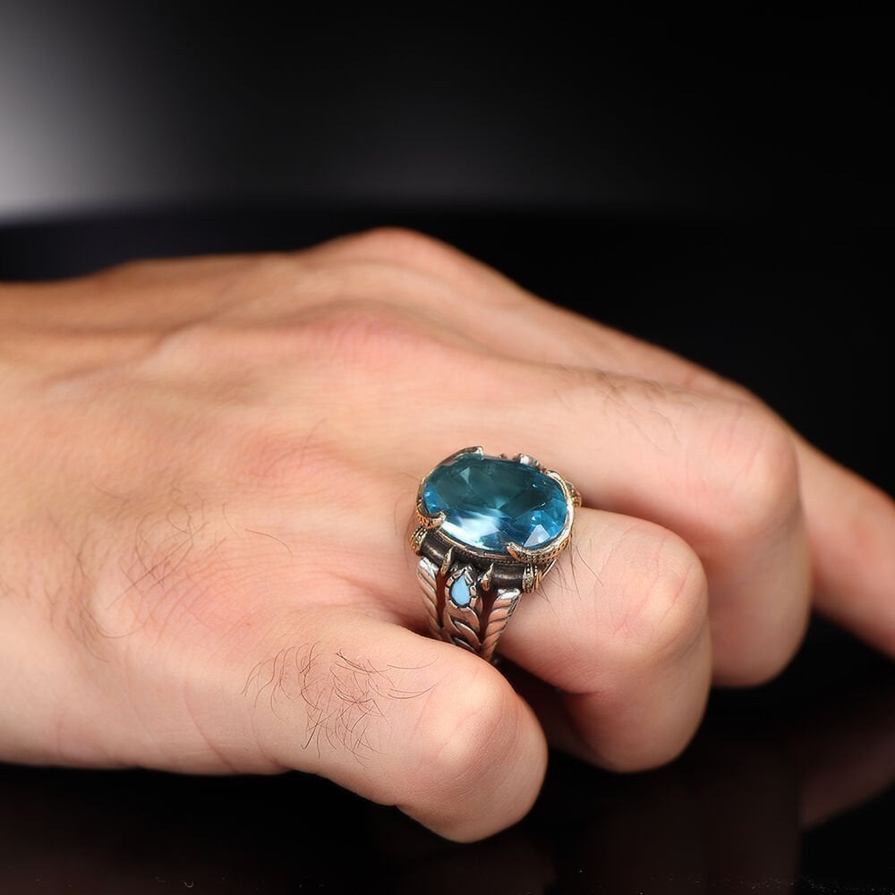 Tesbihevim | Chain Series Men's Silver Ring with Blue Topaz Stone - TryAladdin