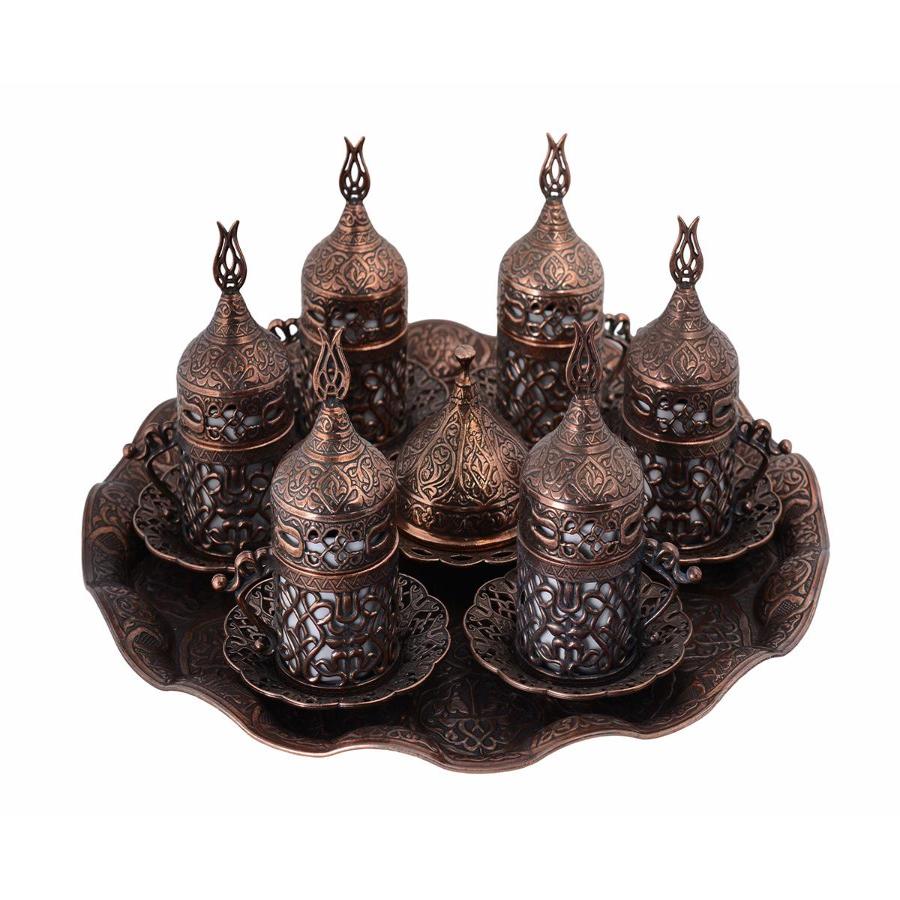 Acar | Turkish Coffee Set of Six With Metal Tray And Candy Bowl - Operwork - Antique Copper - TryAladdin