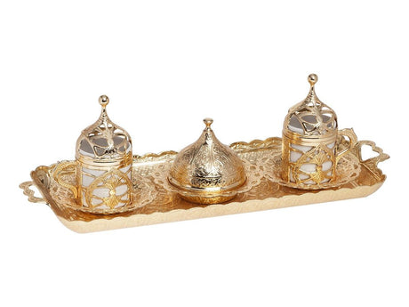 Acar | Turkish Coffee Set of Two With Metal Tray And Candy Bowl - Hurrem Design - Gold - TryAladdin