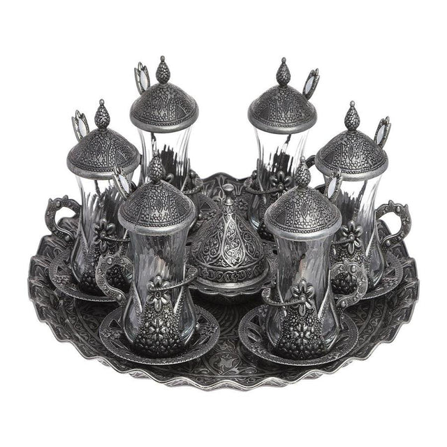 Acar | Turkish Tea Set of Six With Metal Tray, Spoons And Candy Bowl - Tinned - TryAladdin