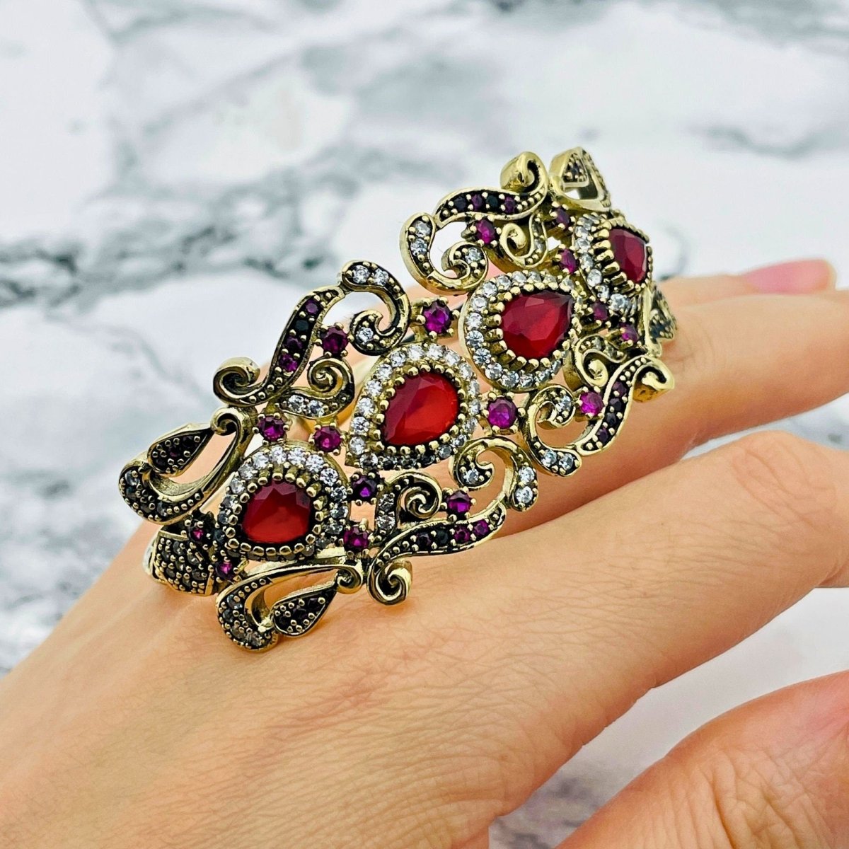 Istanbul Jewelry | Silver Ruby Ottoman Cuff Bracelet - TryAladdin