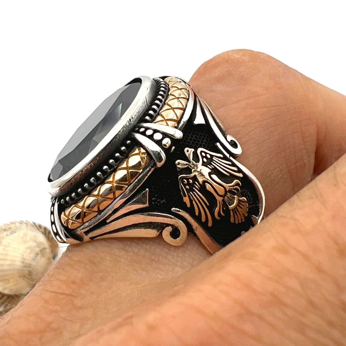 Black Onyx Stone Double Headed Eagle Men's Silver Ring - TryAladdin