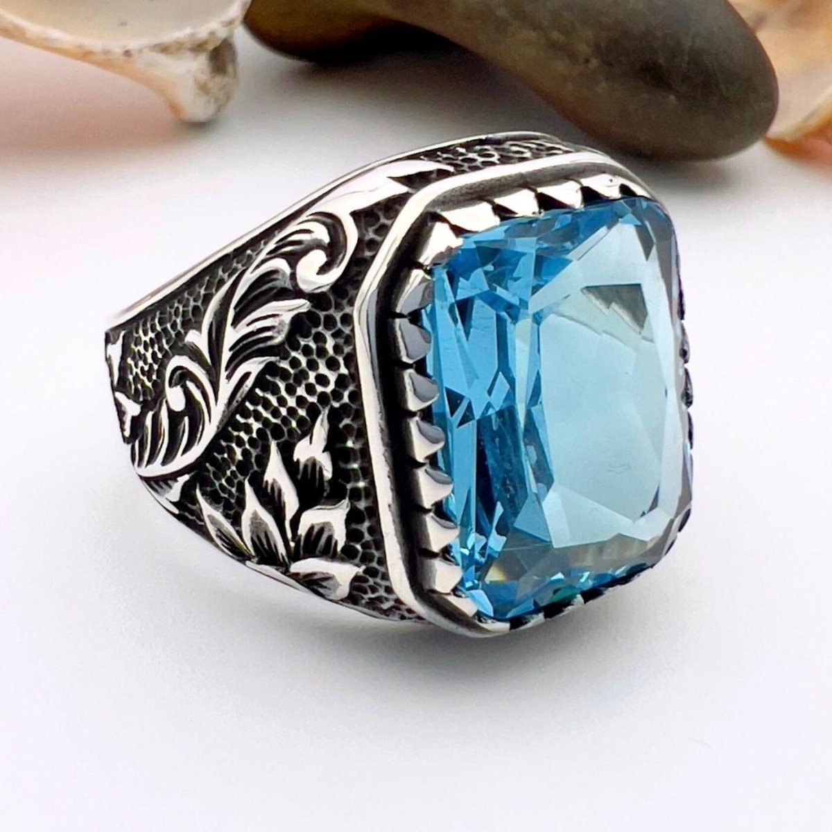 Blue Aquamarine Men's Silver Ring - TryAladdin