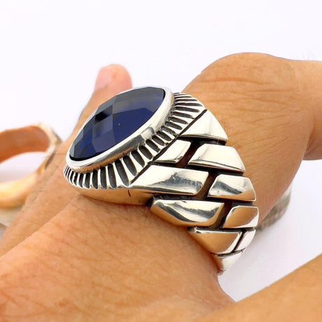 Blue Oval Sapphire Stone Men's Silver Ring - TryAladdin