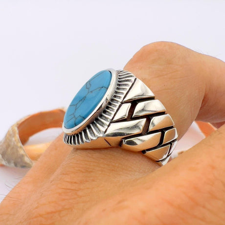 Blue Oval Turquoise Stone Men's Silver Ring - TryAladdin