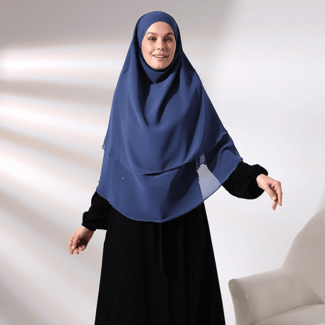 Blue Three Layer Veiled Short Chiffon Hijab Souffle Scarf - TryAladdin