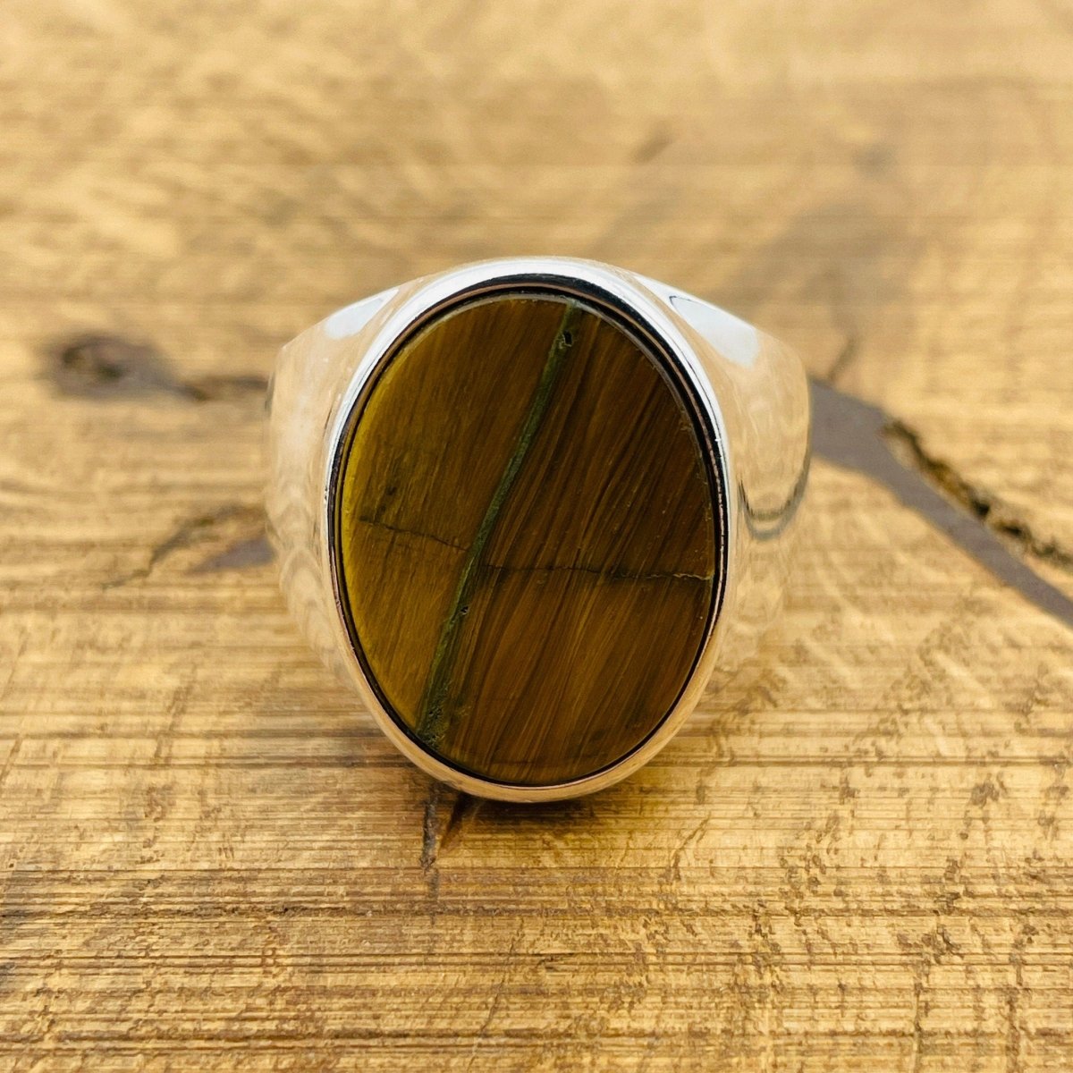 Brown Tiger's Eye Oval Stone Men's Silver Ring - TryAladdin