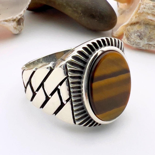 Brown Tiger's Eye Stone Men's Silver Ring - TryAladdin