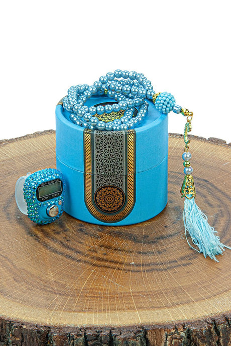 Cylinder Boxed Pearl Tasbih and Stone Designed Dhikrmatic Gift Set Blue - TryAladdin