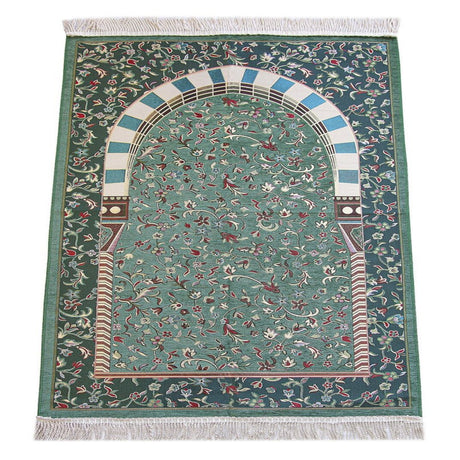 Green Rawza Flower Motif Chenille Prayer Rug with Mihrab - TryAladdin