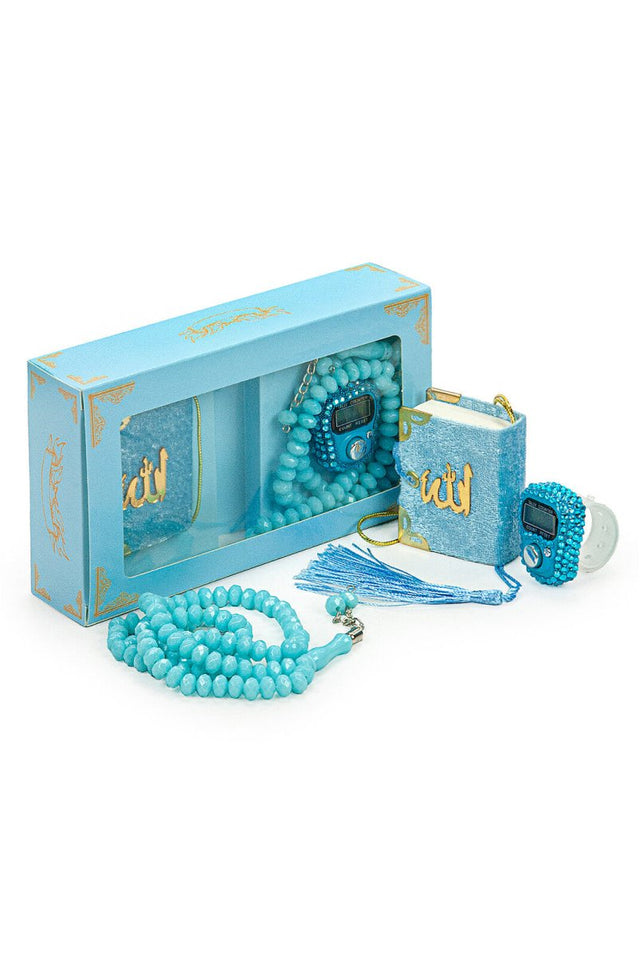 Hajj Umrah Gift Set with Mini Quran, Crystal Stone Prayer Bead and Stone Designed Dhikrmatic, Blue Color - TryAladdin