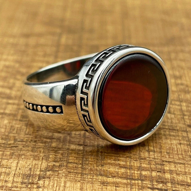 Handmade Minimalist Oval Red Agate Silver Ring - TryAladdin