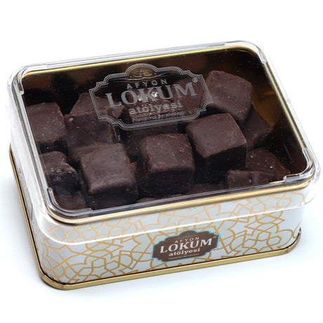 Lokum Atolyesi | Chocolate Coated Banana & Orange Flavored Mini Turkish Delight in Metal Box - TryAladdin