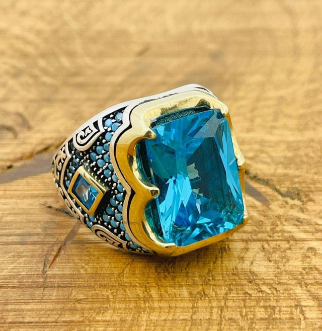 Men's Aquamarine Silver Ring - TryAladdin