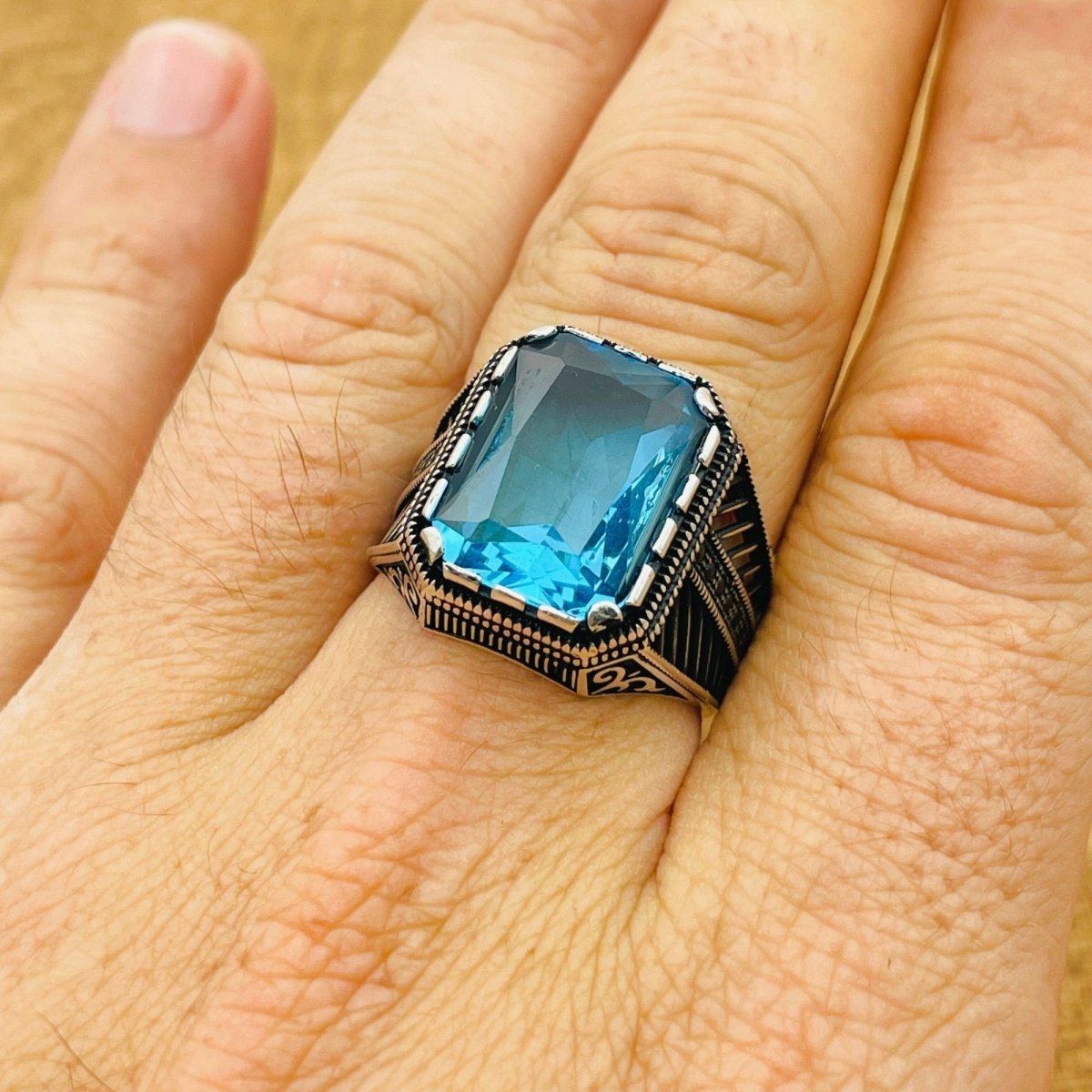 Men's Aquamarine Square Ring - TryAladdin