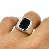 Men's Black Onyx Silver Rectangle Stone Ring - TryAladdin