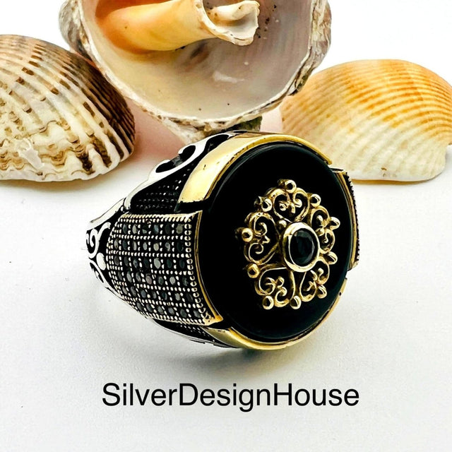 Men's Black Onyx Stone Silver Ring - TryAladdin