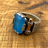 Men's Blue Tourmaline Squared Stone SIlver Ring - TryAladdin