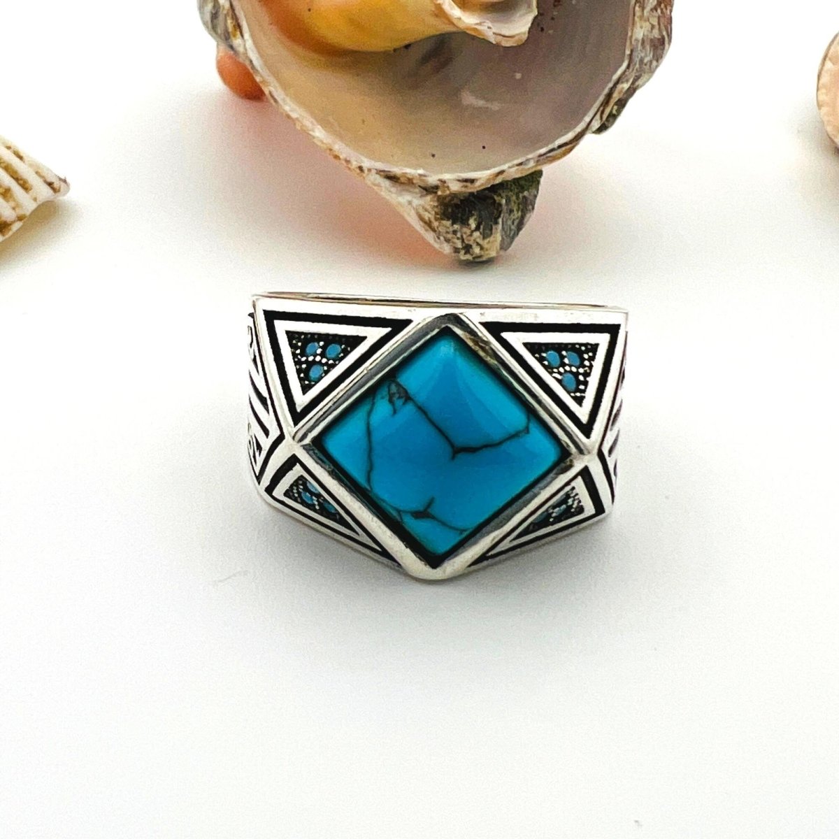 Men's Blue Turquoise Gemstone Handmade Silver Ring - TryAladdin