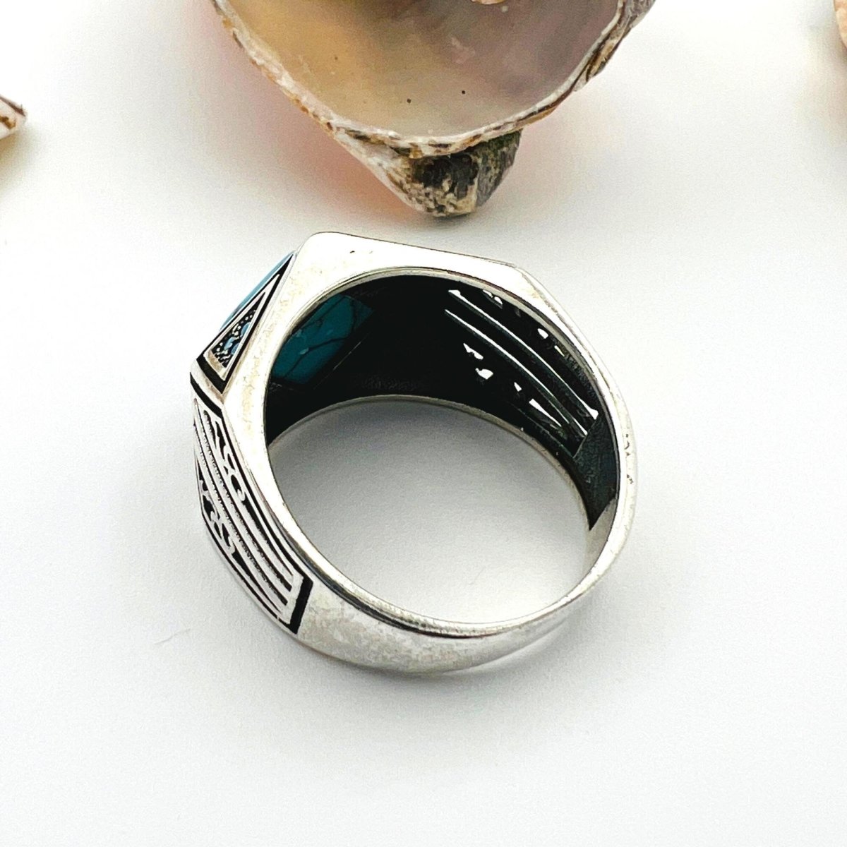 Men's Blue Turquoise Gemstone Handmade Silver Ring - TryAladdin