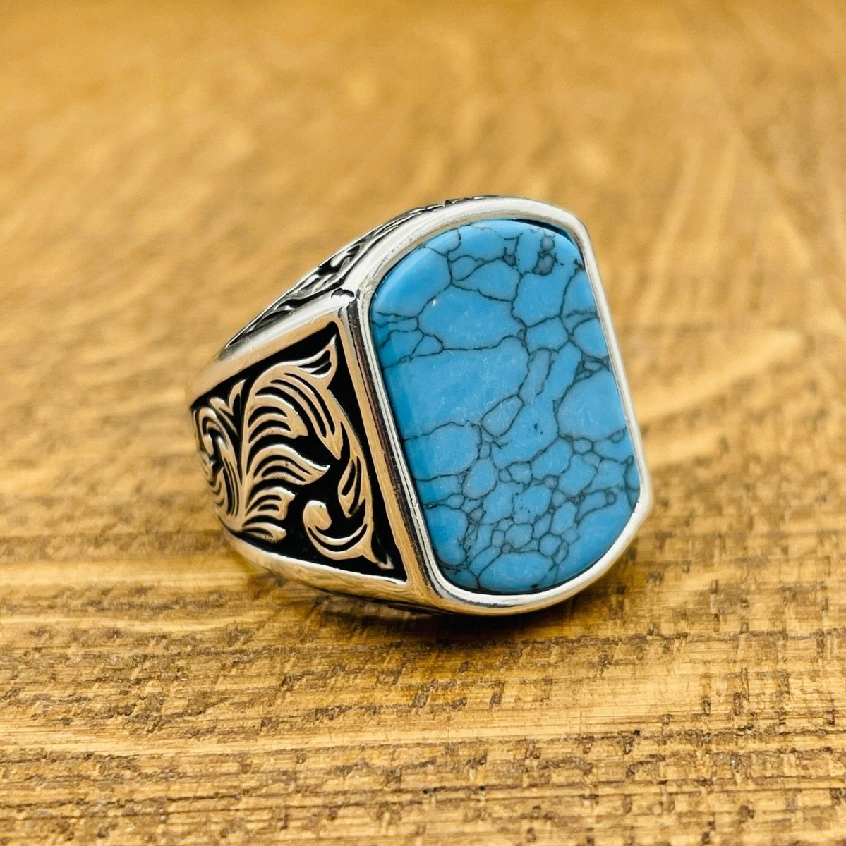 Men's Blue Turquoise Stone Silver Ring - TryAladdin