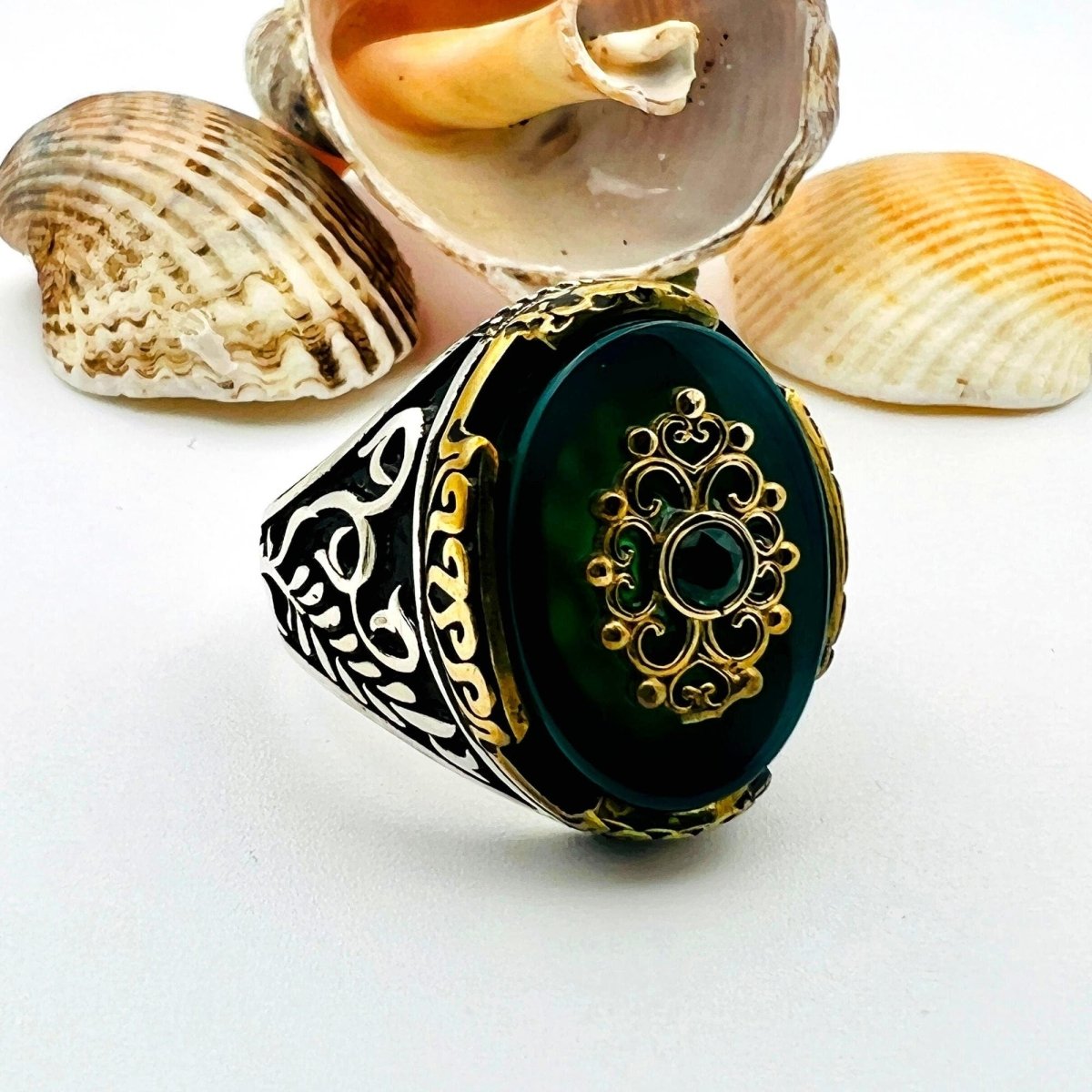 Men's Green Agate Stone Silver Ring - TryAladdin