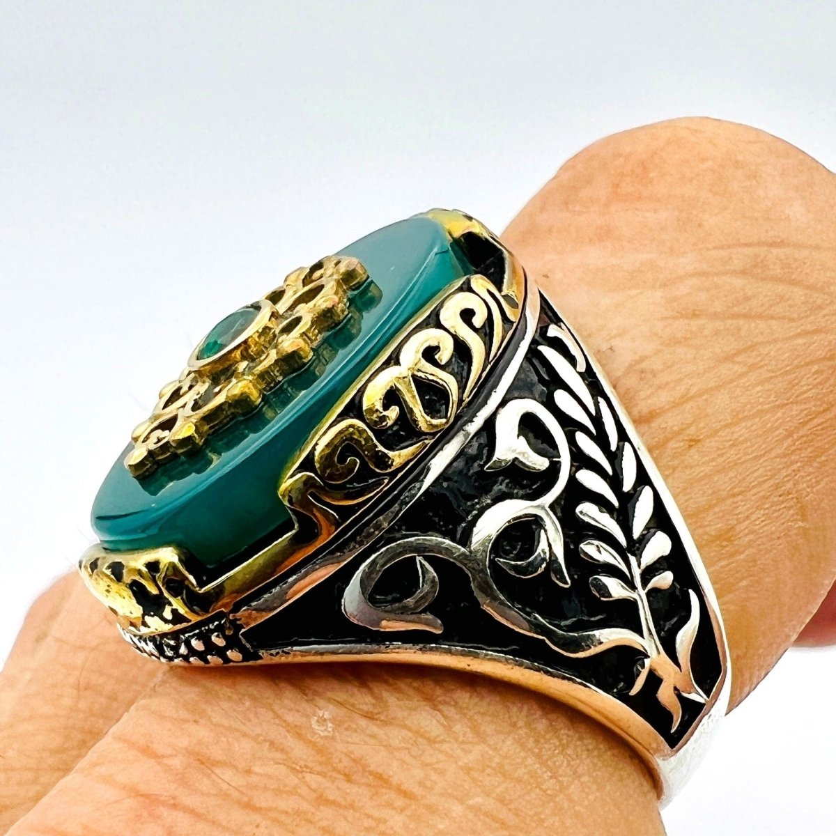 Men's Green Agate Stone Silver Ring - TryAladdin