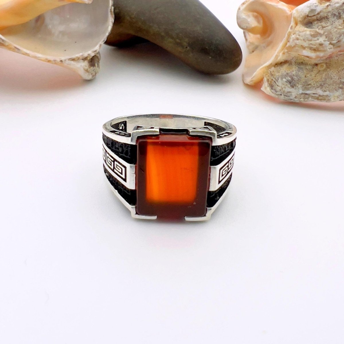 Men's Handmade Red Agate Minimalist Silver Ring - TryAladdin