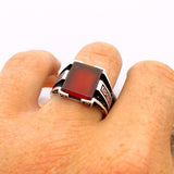 Men's Handmade Red Agate Minimalist Silver Ring - TryAladdin