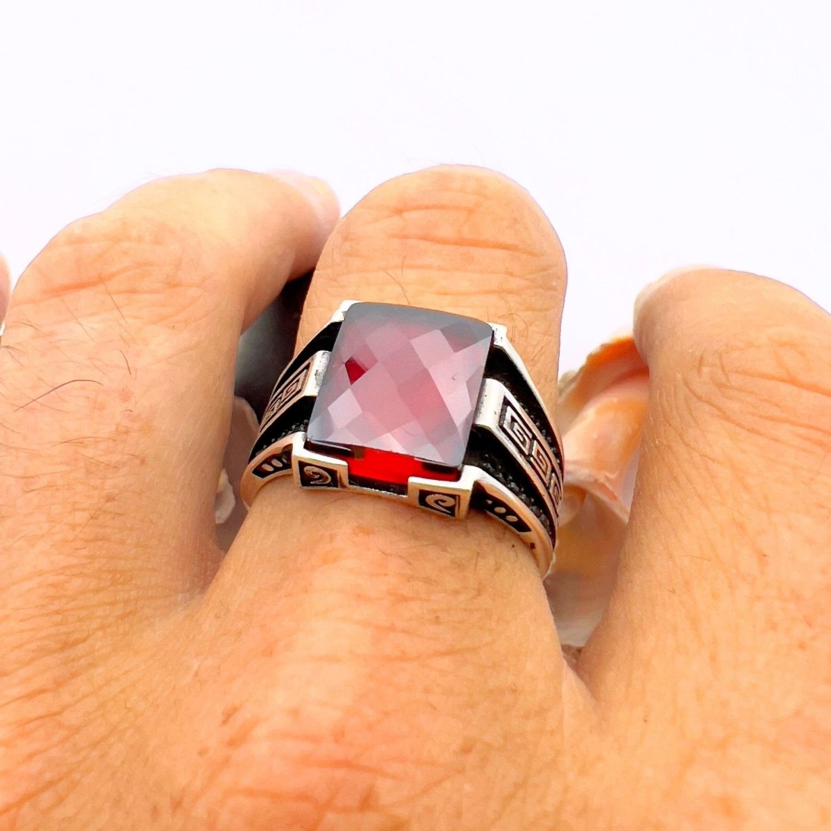 Men's Handmade Red Zircon Minimalist Silver Ring - TryAladdin