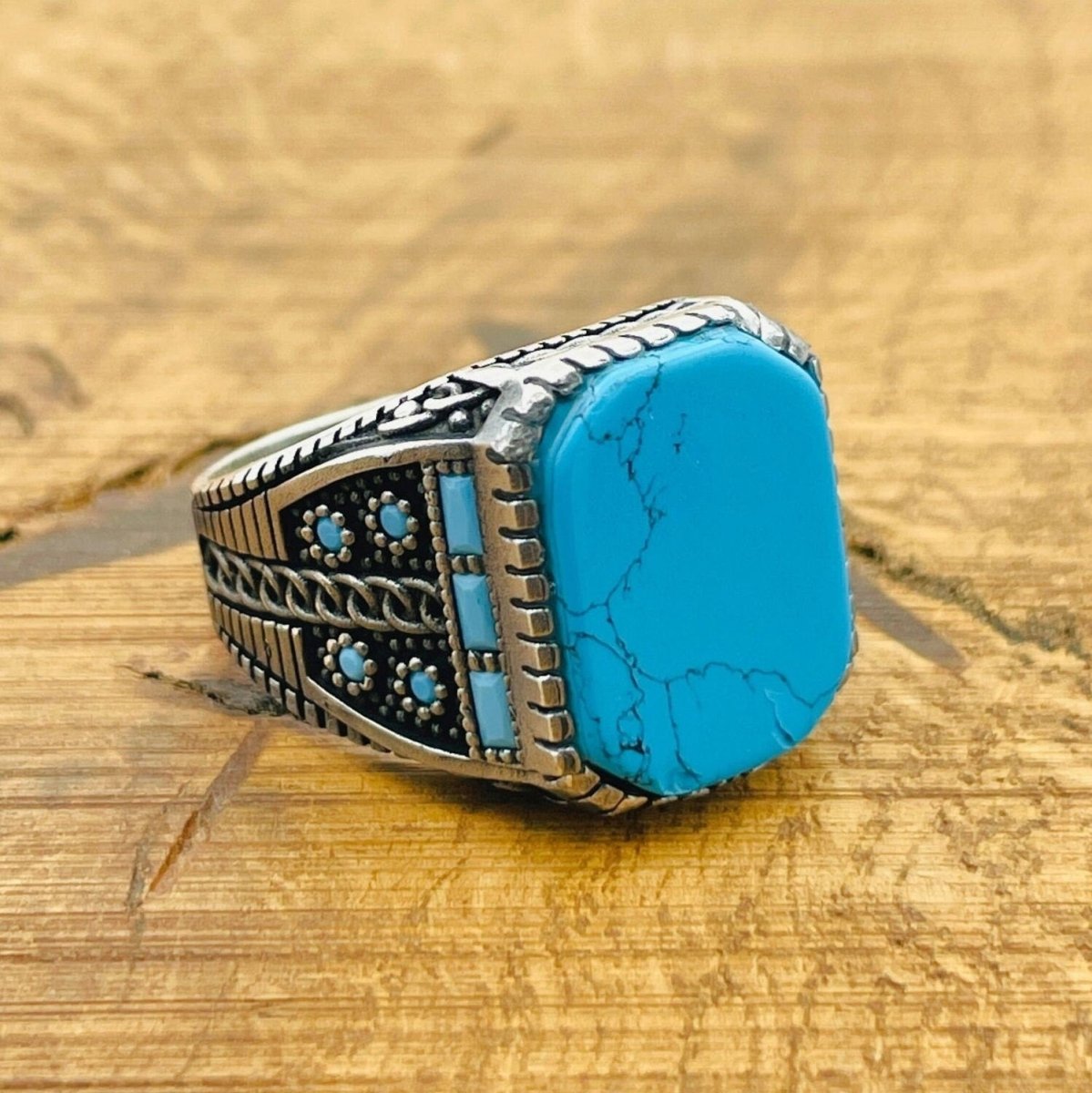 Men's Natural Turquoise Gemstone Square Ring - TryAladdin