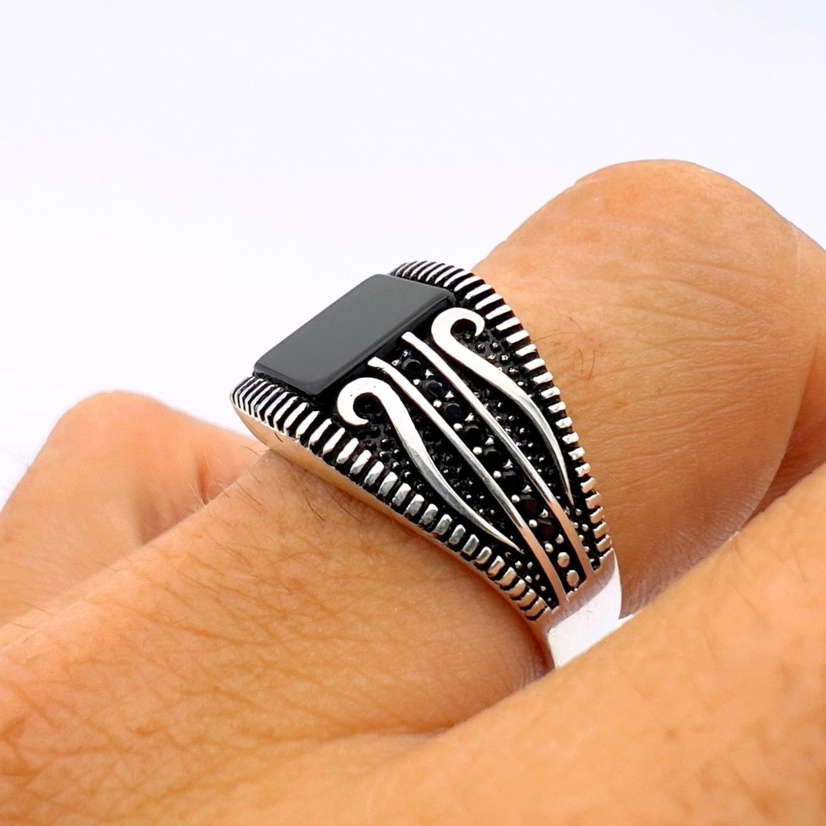 Men's Ottoman Style Black Onyx Square Silver Ring - TryAladdin