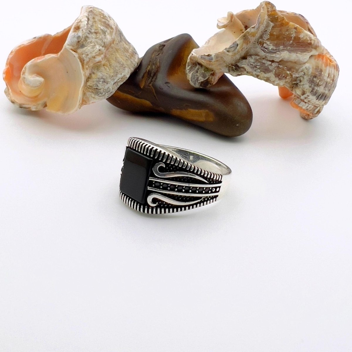 Men's Ottoman Style Black Onyx Square Silver Ring - TryAladdin