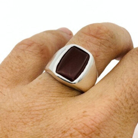 Men's Red Agate Gemstone Silver Ring - TryAladdin