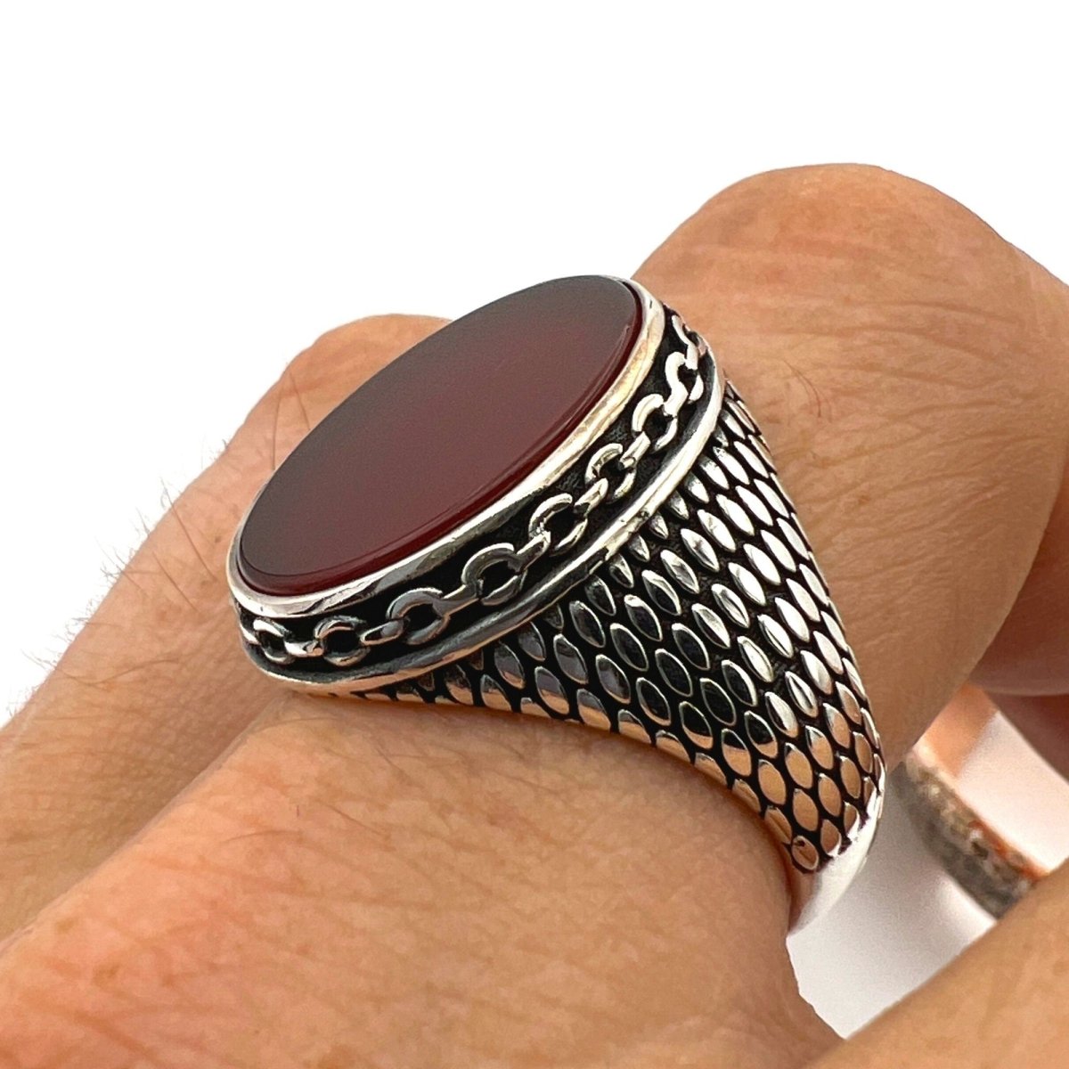 Men's Red Agate Stone Silver Ring - TryAladdin