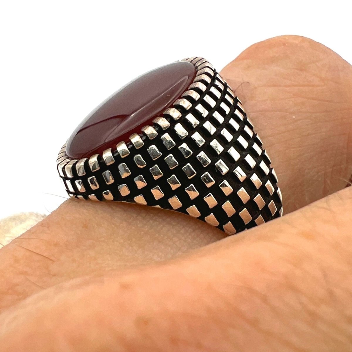 Men's Red Agate Stone Silver Ring - TryAladdin