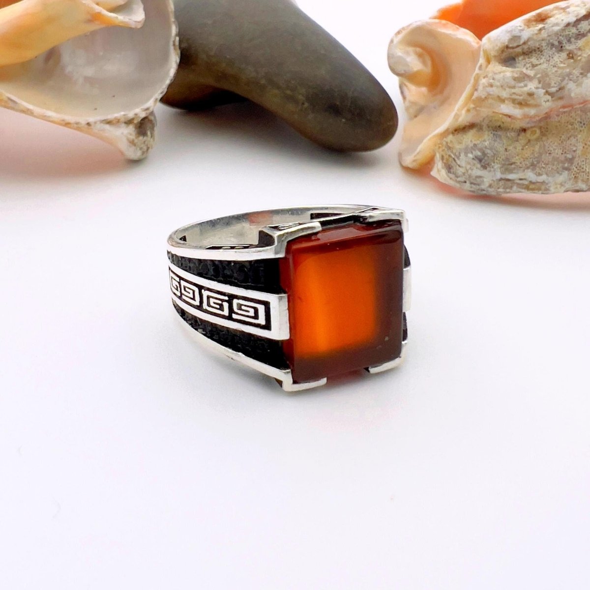 Men's Red Agate Stone Silver Ring - TryAladdin