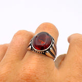 Men's Red Amber Stone Silver Ring - TryAladdin