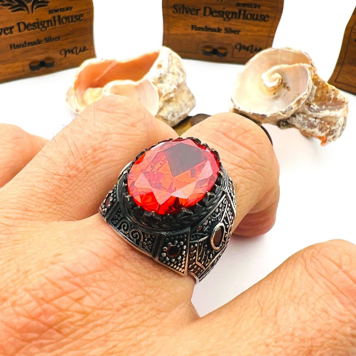 Men's Red Ruby Stone Silver Ring - TryAladdin