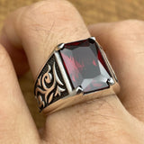 Men's Red Ruby Stone Silver Ring - TryAladdin