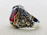 Men's Red Ruby Stone Silver Ring - TryAladdin