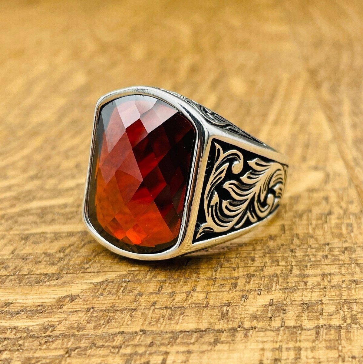 Men's Red Zircon Stone Silver Ring - TryAladdin