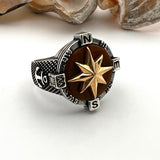 Men's Silver Compass Ring with Agate Stone - TryAladdin