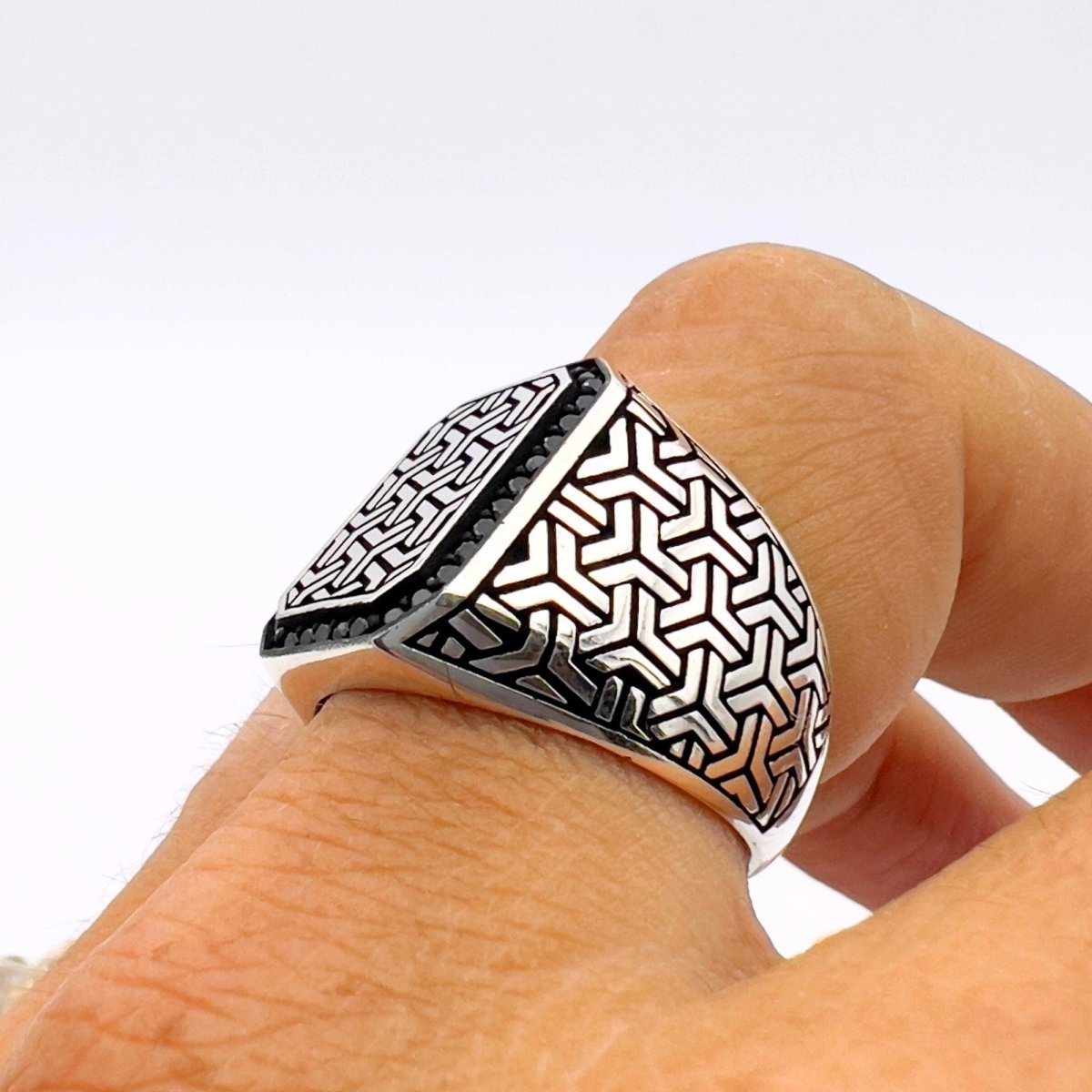 Men's Square Model with Micro Black Onyx Silver Ring - TryAladdin