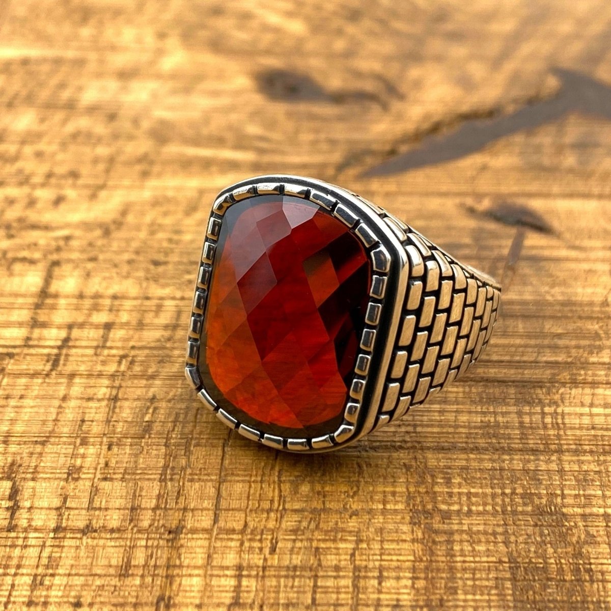 Men's Square Red Zircon Stone Silver Ring - TryAladdin