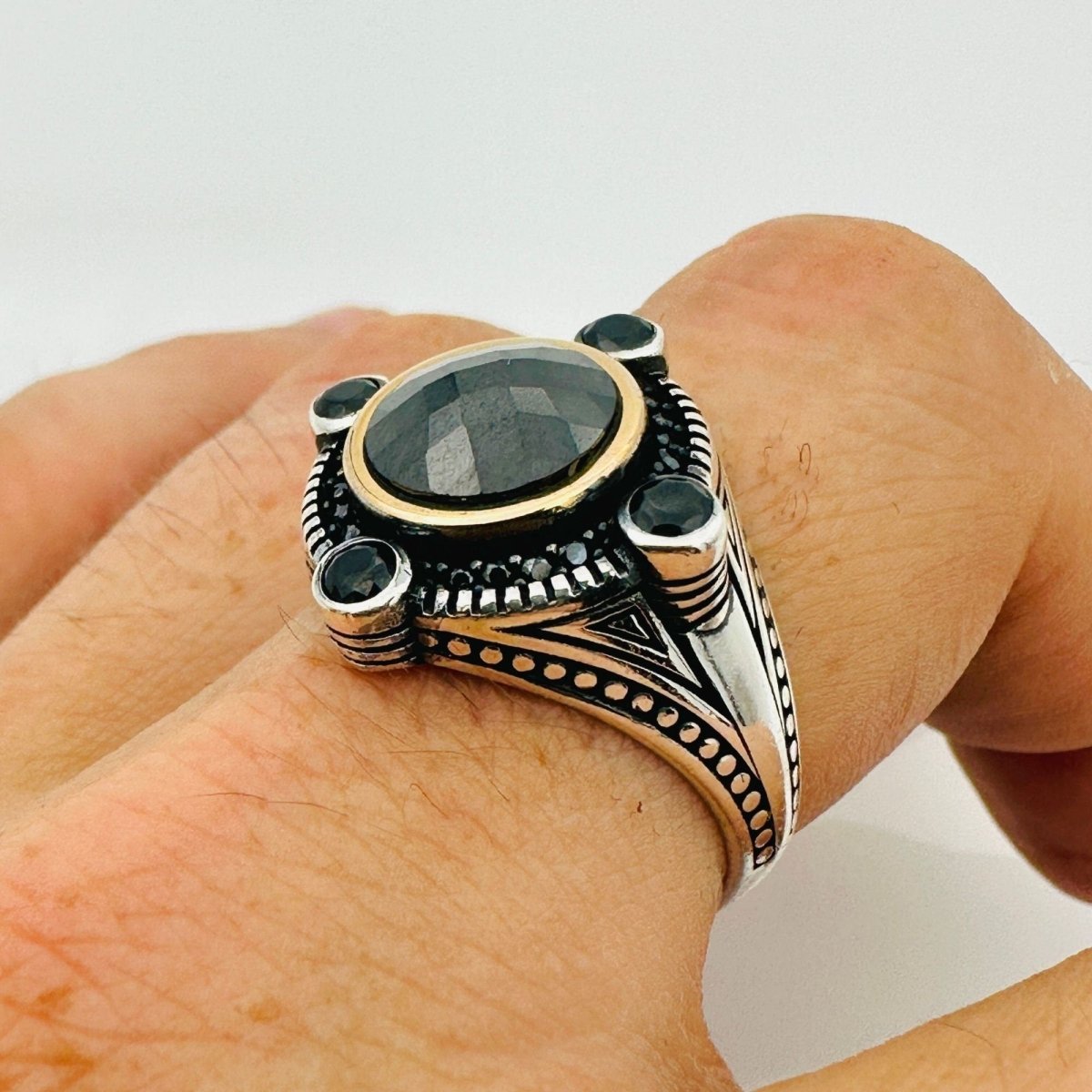 Men's Turkish Black Zircon Stone Silver Ring - TryAladdin