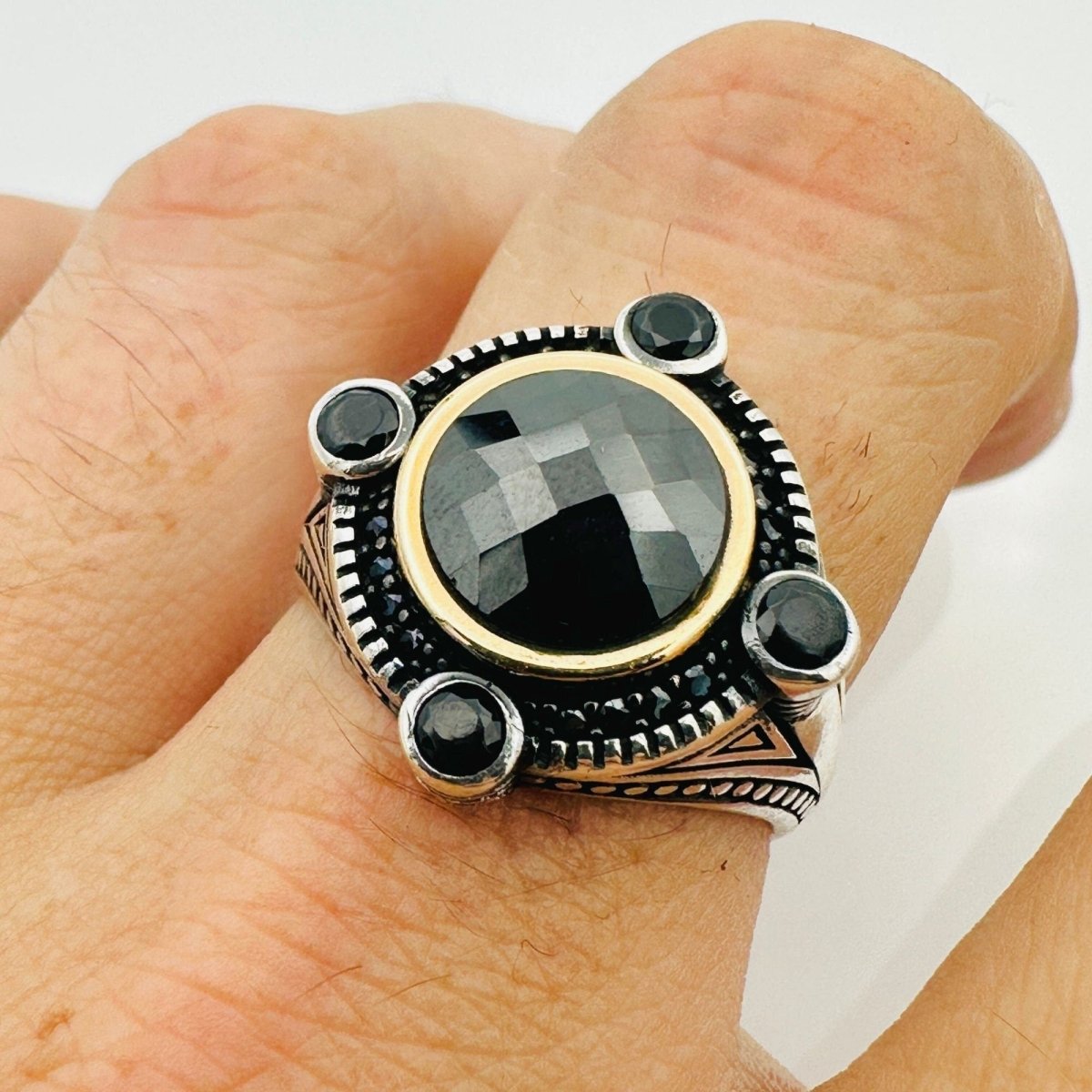 Men's Turkish Black Zircon Stone Silver Ring - TryAladdin