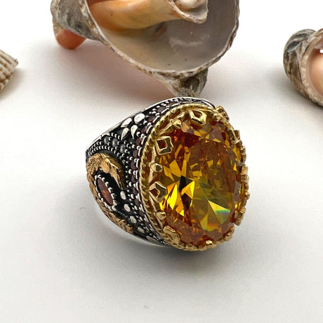 Men's Yellow Citrine Stone Silver Ring - TryAladdin